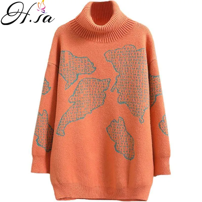 H. SA pull femme hiver, женская зимняя теплая водолазка, пуловер с рисунком карт, Повседневная вязаная одежда, фиолетовый свободный свитер, джемперы