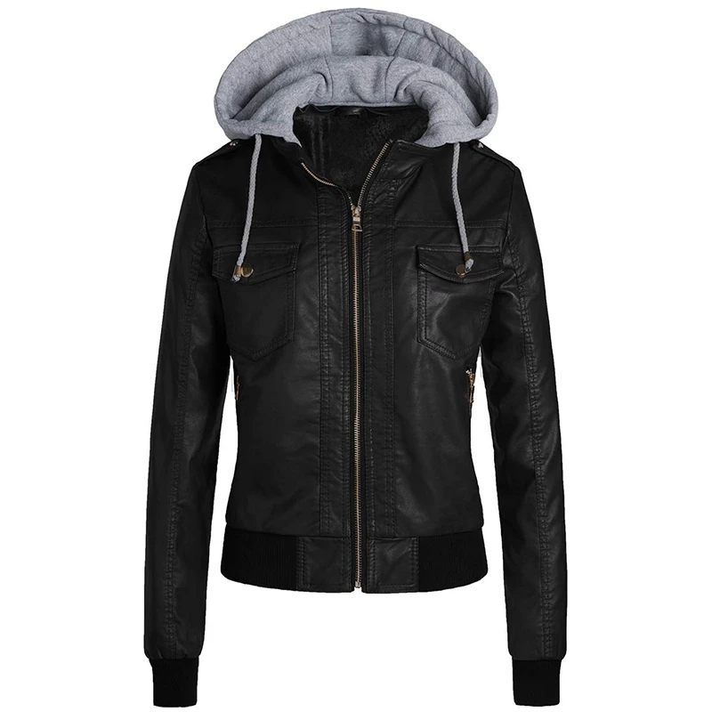 

Cap removable faux leather Jacket Women hoodies Winter Autumn Motorcycle Jacket Black Outerwear ladies faux leather PU Jacket