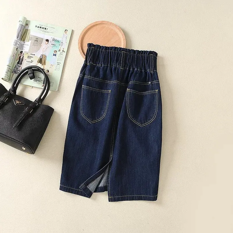 

8058-8-011 2018 Summer Wear Short Skirt Solid Color New Style Back Slit Hemline at Hem Elastic Waist Cowboy Half-length