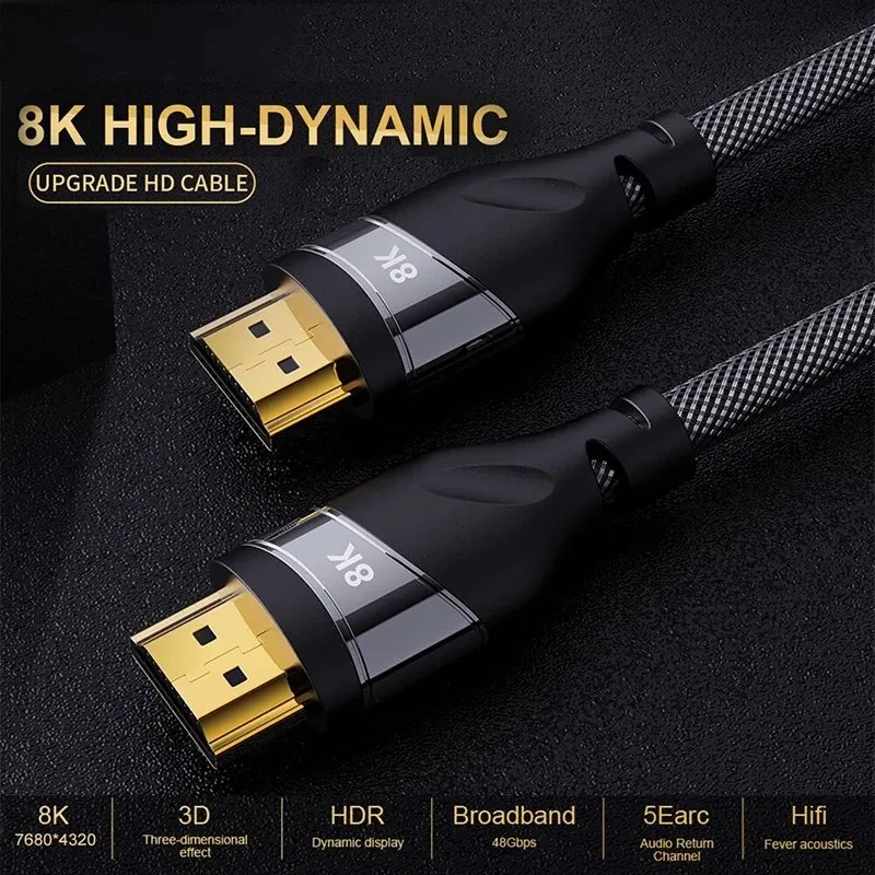 Cabo de alta velocidade de hd 48gbps 8k @ 60hz 4k @ 120hz hdmi-cabo 2.1 compatível com cabo trançado ultra para samsung qled tv roku ps4