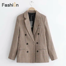 Двубортный клетчатый блейзер для женщин с длинным рукавом Тонкий OL пальто женские блейзеры и куртки повседневная Осенняя Куртка Блейзер Женский