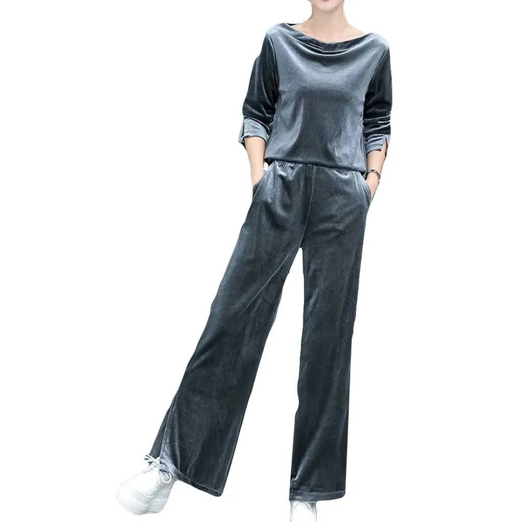

Women's suit Long Sleeve Split Velvet Set Long Pants Casual Outfit Sportswear Soft Leisure Slim Elegant Two-Piece Suits women