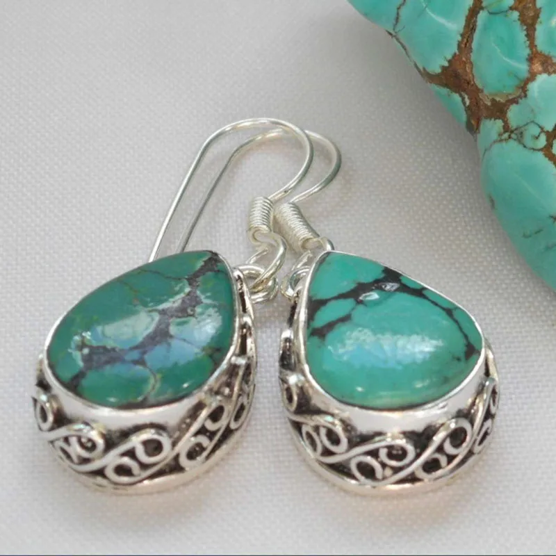 Bohemian Water Drop Green Blue Stone Earrings for Women Tibetan Jewelry Natural Turquoises Dangle Accessories | Украшения и