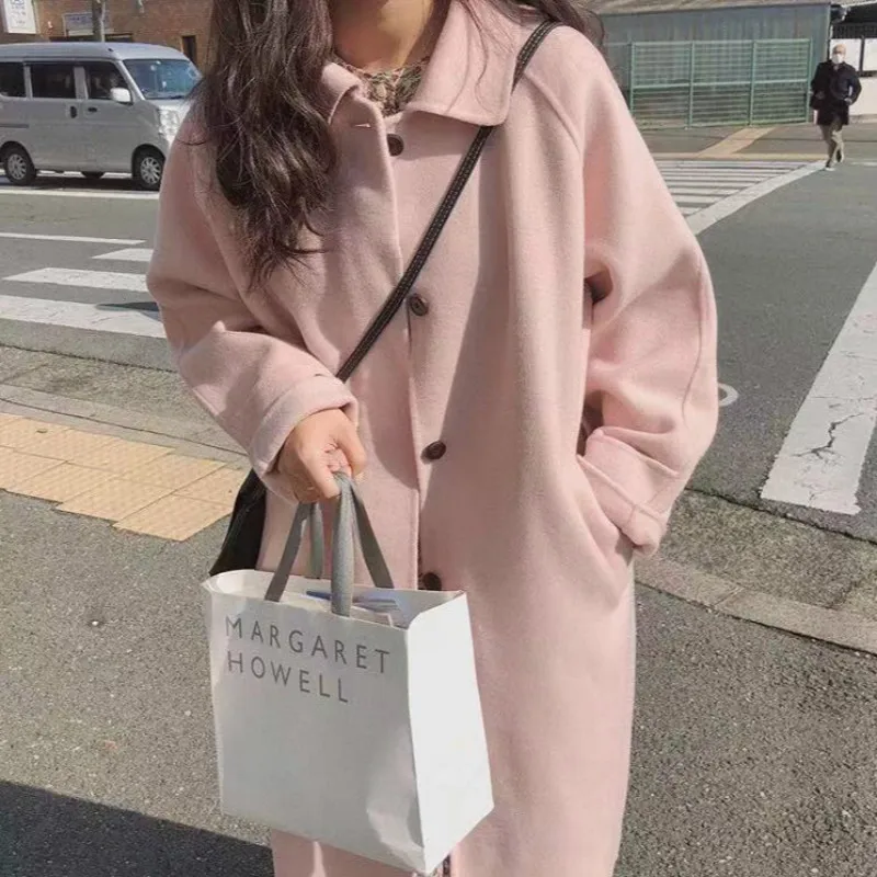 Women Autumn Winter Pink Long Woolen Coat Female Sleeve Wool Overcoat with Waistbelt Sweet Parka Outer Wear Jacket Loose | Женская