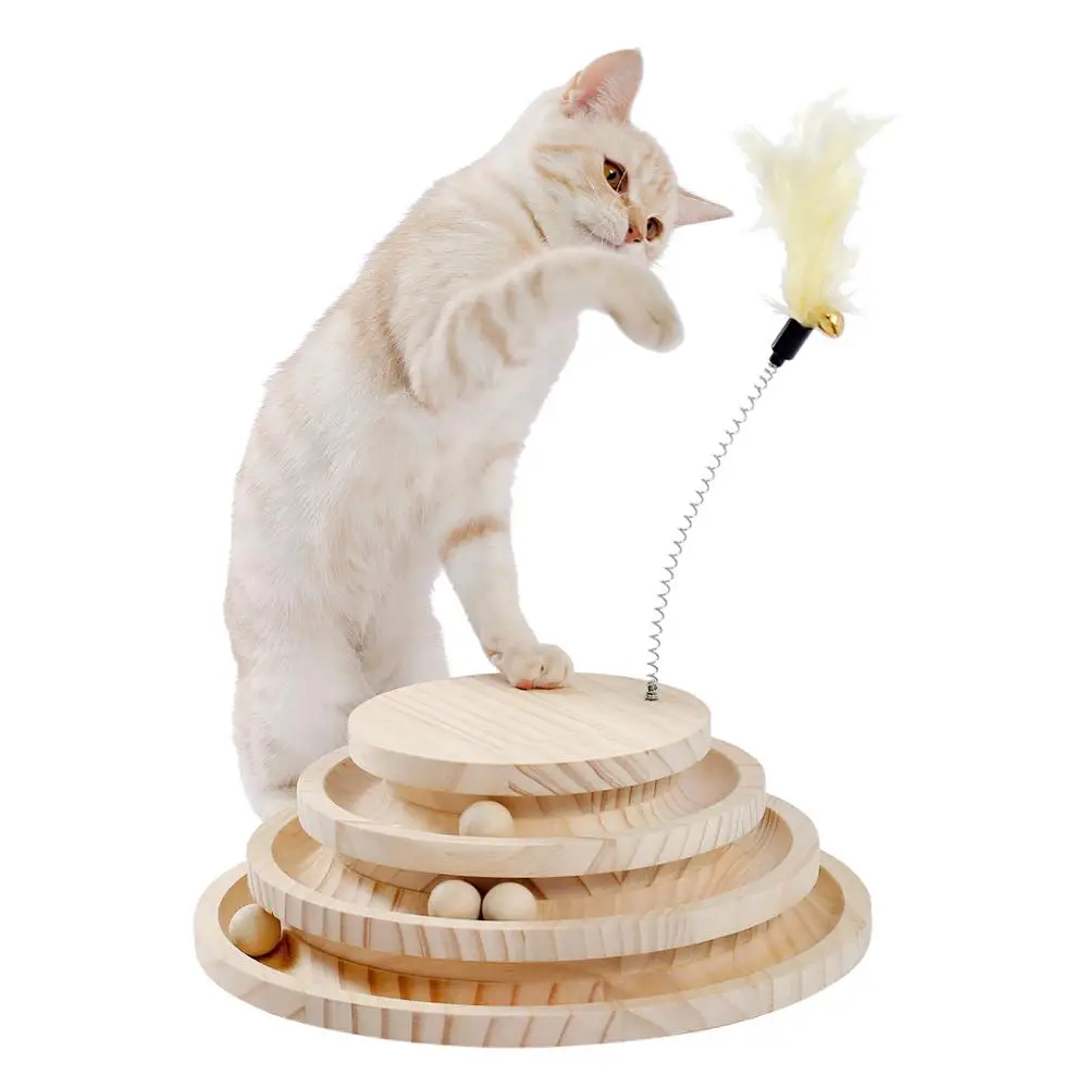 Dropship Cat Toy 1-Layer Turntable Cat Ball Toy With Feather  Stick,Interactive Cat Toy With 5 Interactive Balls ,Cat Scratching Post  With Mat to Sell Online at a Lower Price