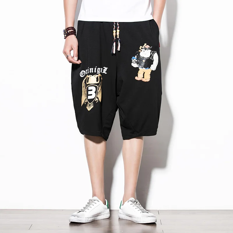 

Summer shorts men fashion printing casual large size men's pants cotton loose harem pants elastic waist black white shorts 5XL