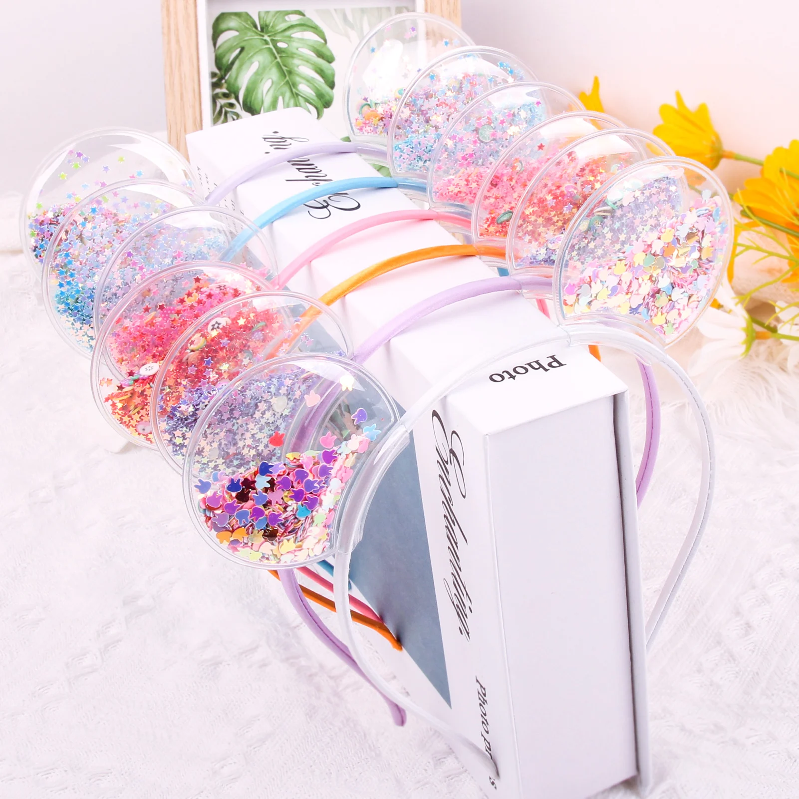 Candygirl Transparent Cat Ears Headband Quicksand Bows Hair Hoop Cute Colorful Sequins Hairbands Girls Princess Hair Accessories