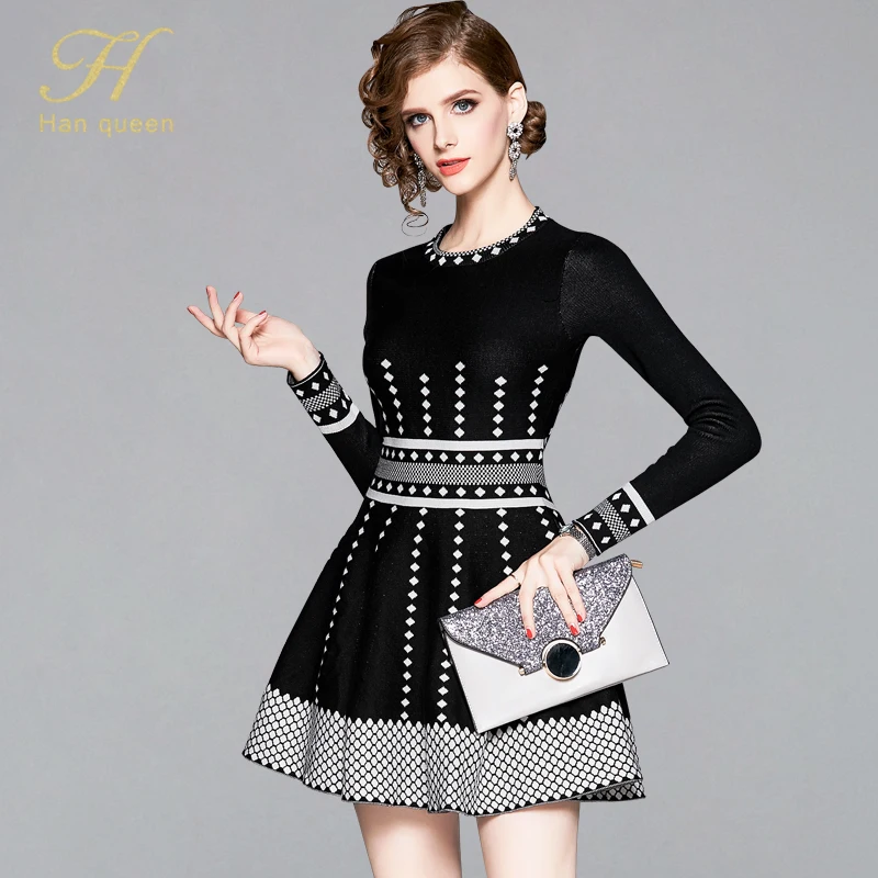 

H Han Queen Elegant Autumn Winter Knitting Dresses Women Casual Long Sleeve Runway Office Dress Designers High Fashion Vestidos
