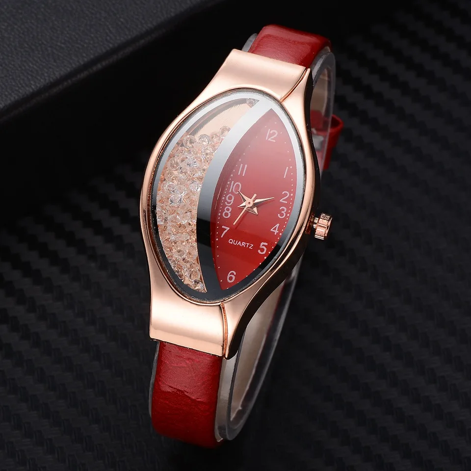 Women Fashion Luxury Watch Leather Strap Women Bracelet Clock Ellipse Rhinestone PU Sport Quartz Watch Wrist Watches For Women