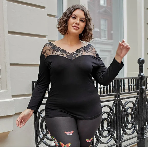 

Sexy Lace Patchwork V-neck Women Blouse 2XL To 8XL Extra Oversized Casual Tops Black Long Sleeve Base Shirt Outerwear T1895