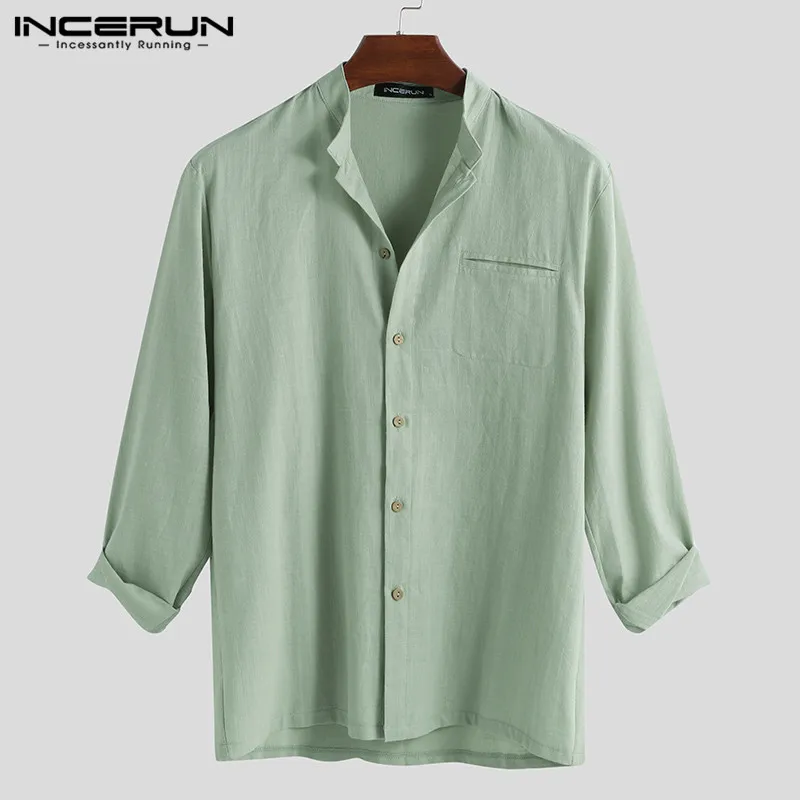 INCERUN Long Sleeve Men Casual Shirt Button Cotton Solid Stand Collar Retro Vintage Brand Shirts Men Camisa Masculina 5XL