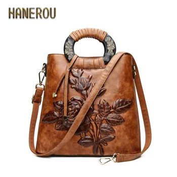 

Designer Floral Handbag Women Leather Handbag Vintage Bucket Bags Embossing Printing Retro 2020 Luxury Tote Bag Sac A Main Femme