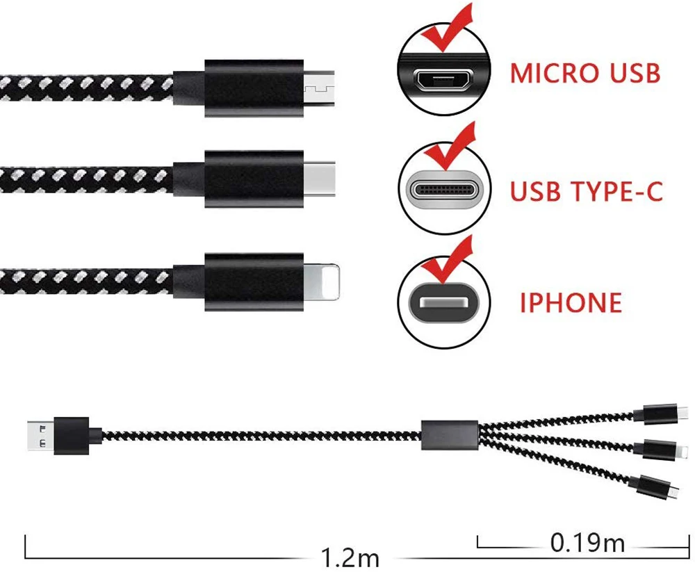 Senhomtog 3 in 1 denim usb data cable one drag three fast charging for iOS Android type-c