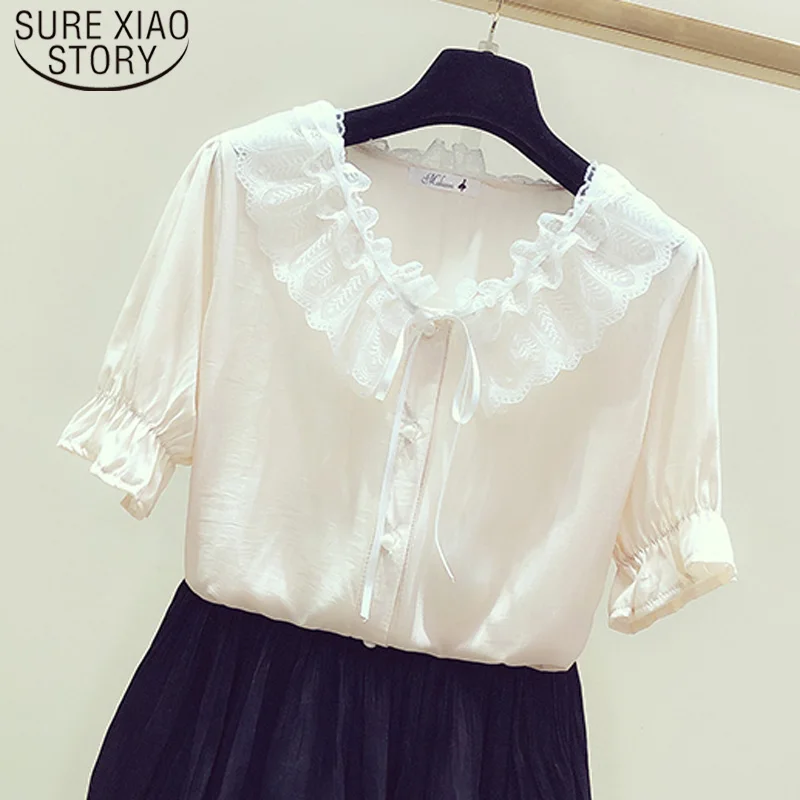 

Summer 2019 Shirt Flare Sleeve Woman White Blouse Short Lace Doll Neck V-neck Solid Bow Casual Regular Women Blouses 5149 50