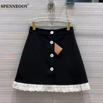 

SPENNEOOY Designer Custom Runway Summer Female Fashion Casual Mini Skirt Women Colorblock Embroidery Button Short Skirts 2020