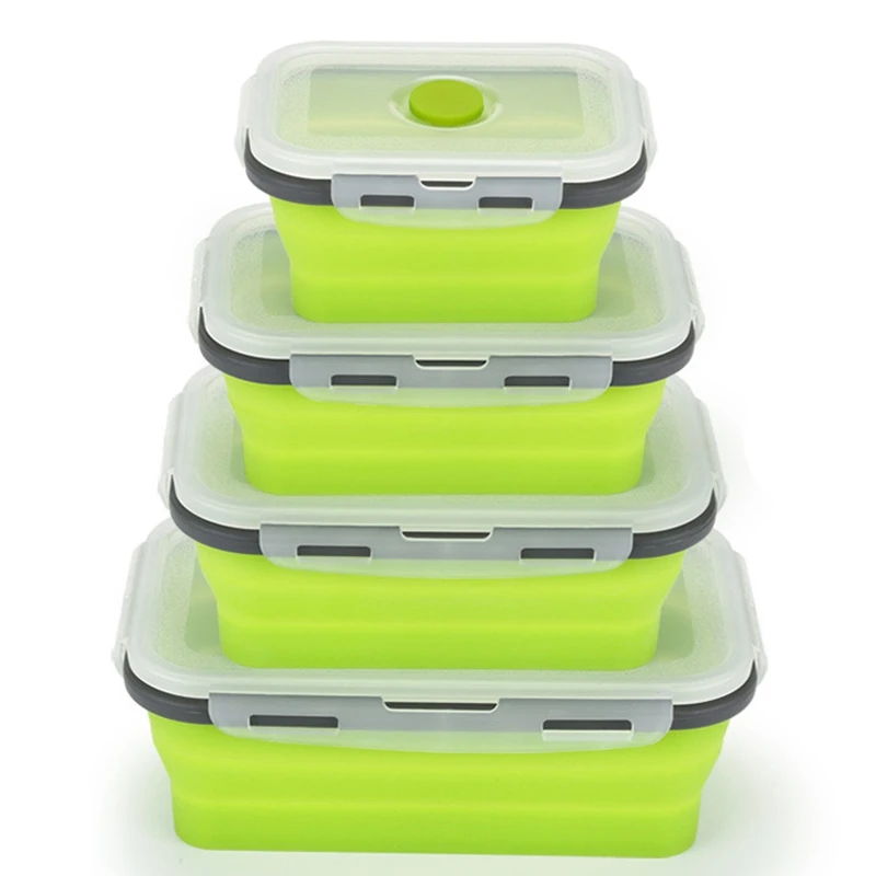 

4Pcs Set Foldable Silicone Food Lunch Box Fruit Salad Storage Food Box Container Dinnerware Conveniently Lunch Box Green