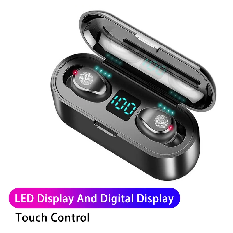 F9 TWS Bluetooth earphone LED Display Wireless headphones Touch Control Bluetooth wireless earphones With 2000mAh Power Bank - Color: Touch Black