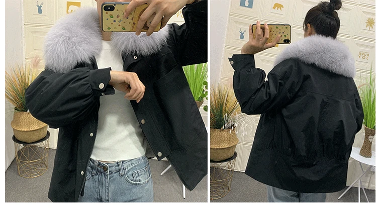 Sale 2019 new Parka Winter Real Fur Coat Jacket Women Natural Fox Fur Collar Detachable Rex Rabbit Liner Loose Outerwear 13