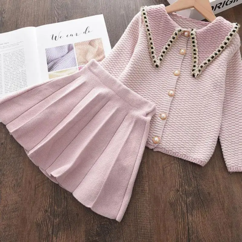 

Girls Baby Winter Knitted Clothes Sets Fashion Kids Elegant Plaid Sweaters Tops And Skirt Outfits Princess Knitwear