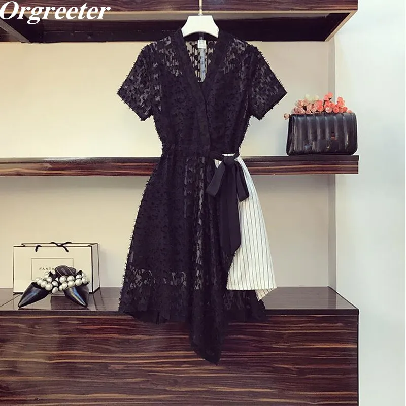 Korea Women Casual Lace Striped Patchwork Dress 2020 Summer 3D Tassel Appliques V-neck Short Sleeve Sashes irregular Dress