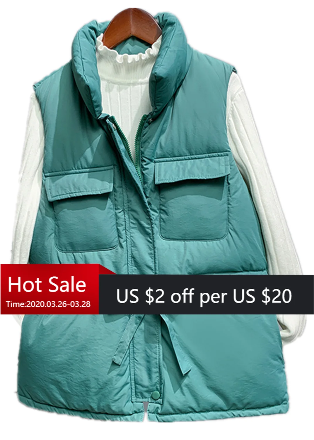 Женский жилет без рукавов Приталенный с воротником стойкой и хлопковой