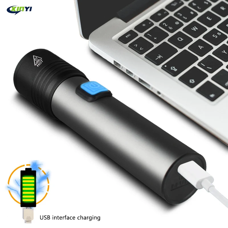USB Rechargeable LED Flashlight With T6 LED Built-in 1200mAh lithium battery Waterproof camping light Zoomable Torch