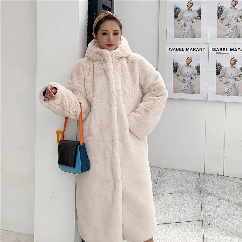 Apricot Длинное плотное зимнее пальто из искусственного меха, женское теплое однотонное пальто с длинным рукавом, мягкое Свободное пальто с капюшоном, женская верхняя одежда, куртки - Цвет: Apricot