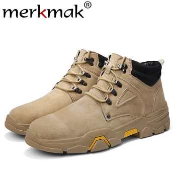 

Merkmak 2019 New Winter Men Shoes Fashion Pig Skin High Top Motorcycle Boots Non-slip Warm Ankle Booties Big Size Work Booties