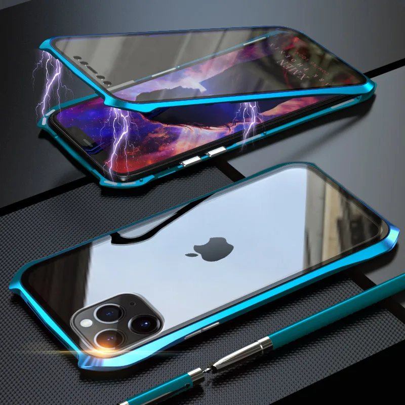 Blue Green Бэтмен металлический каркас Магнитный чехол для iPhone 11 Pro Max чехол двойное закаленное стекло антидетонационный чехол для iPhone 11 Pro Max Shell - Цвет: Blue Green