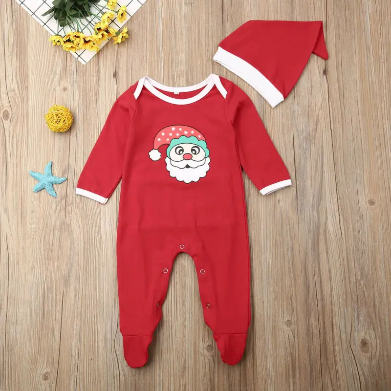 Emmababy Toddler Baby Girl Boy Christmas Romper Jumpsuit Hat Autumn Winter Outfit Clothes