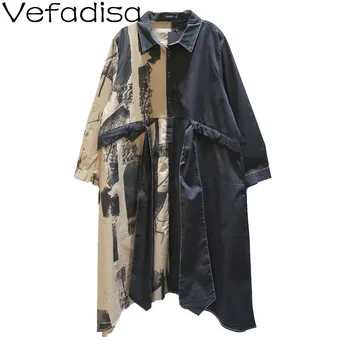 

Vefadisa Spring Lapel Irregular Dress Women 2020 Patchwork Long Sleeve Dress Drawstring Waist Loose Female Dress Red QYF1757