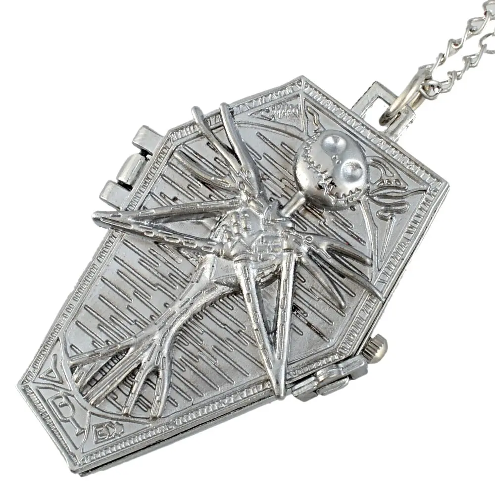 Silver Tim Burton The Nightmare Before Christmas Quartz Pocket Watch Jack Skellington Chain Pendants Clock Women Men
