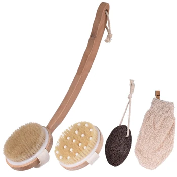 

Dry Skin Brush, Remove Dead Skin-Dry Cleaning Brush Set-Long Handle Solid Wood Body Brush, Bathtub Brush, Spa Brush, Bath Gloves