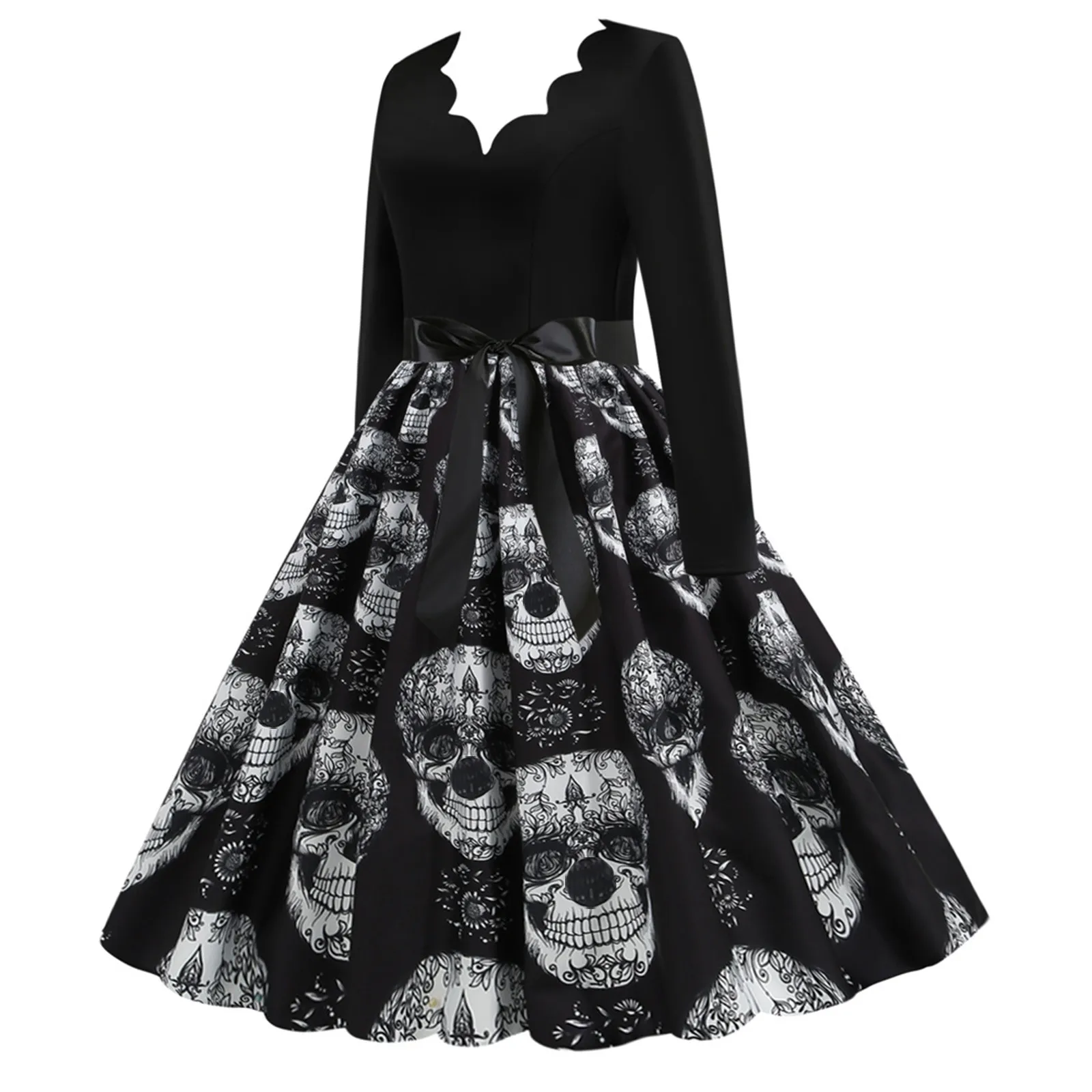 Gothic Skull Print Halloween Dresses Women Large size Vintage Long Sleeve Halloween 1950s Housewife Evening Party Prom Dress