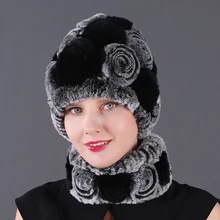 Women Winter Hats Set Elastic Fake Rabbit Fur Beanies Hat Scarf Set Warm Ladies Thicken Rose Flower Hat Soft Windproof Elegant