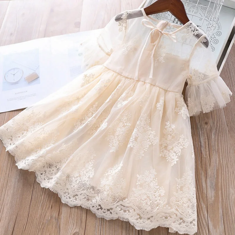 2020 Summer Girls Princess Dress Kids Children Baby Lace Embroidery Outfits Flare Sleeve Dresses Vestidos Clothes S10587 | Детская