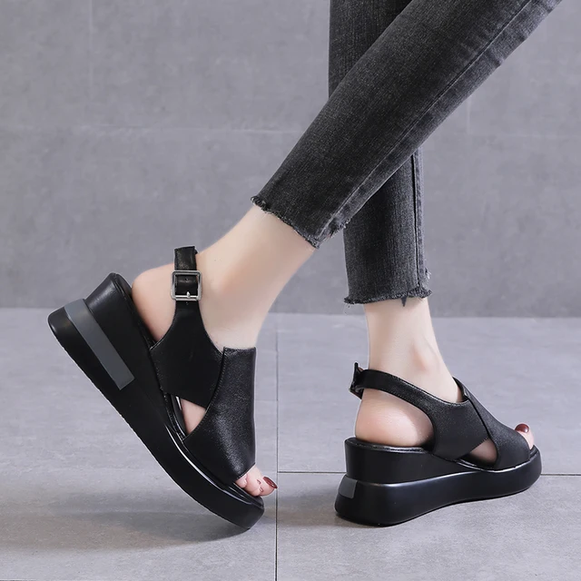 2022 Summer Women Wedge Heeled Pu Leather Sandals Cross Strap Korean Style Casual Shoes Ladies Open Toe Solid Buckle Sandalias 2