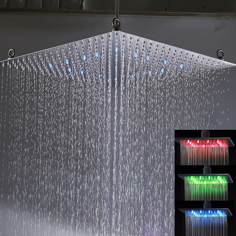 Black Rainfall Shower Head LED Light 20‘’ Large Rainfall Shower Faucet Head Square Brass Showerhead Color Changing Head 2
