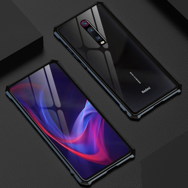 

Luxury Rhombus Aluminum Metal Phone Case For Xiaomi Mi 9t Redmi K20 Pro Back Tempered Glass Cover For Xiaomi Redmi K20/ Pro Case
