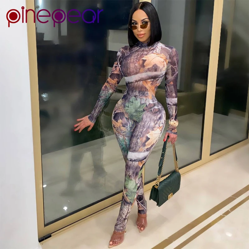 PinePear Colorful Tree Maple Leaf Print Full Sleeve Fall Jumpsuits Jogging Suits for Women Skinny Elastic Sport Workout Overalls | Спорт и
