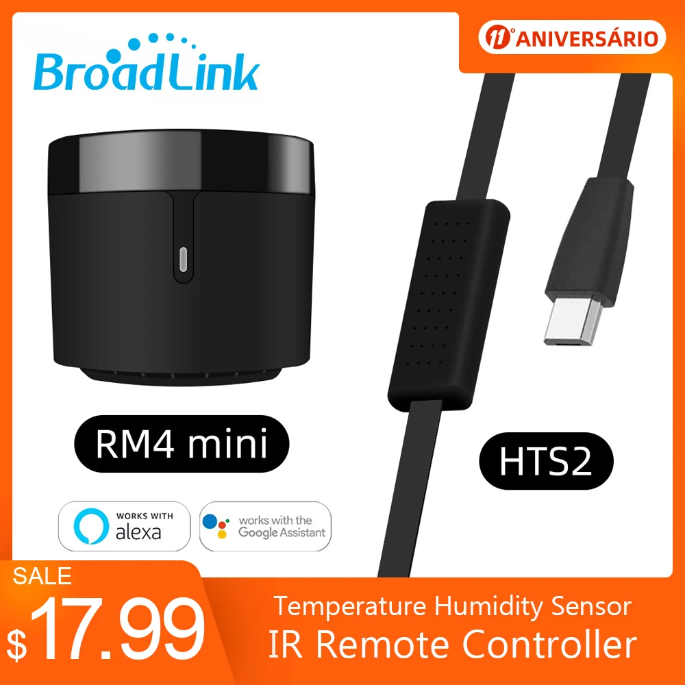 BroadLink-transmisor remoto inteligente RM4 mini para TV, dispositivo con Sensor de humedad y temperatura por aplicación, Air-con, HTS2, con Alexa