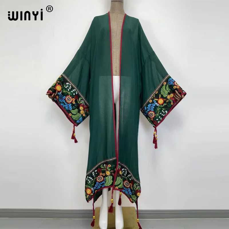 WINYI 2022 summer Sexy See Through Embroidered Long Kimono stitch Beachwear Women Tops and Blouses Middle East Muslim Abaya long flowy beach dress
