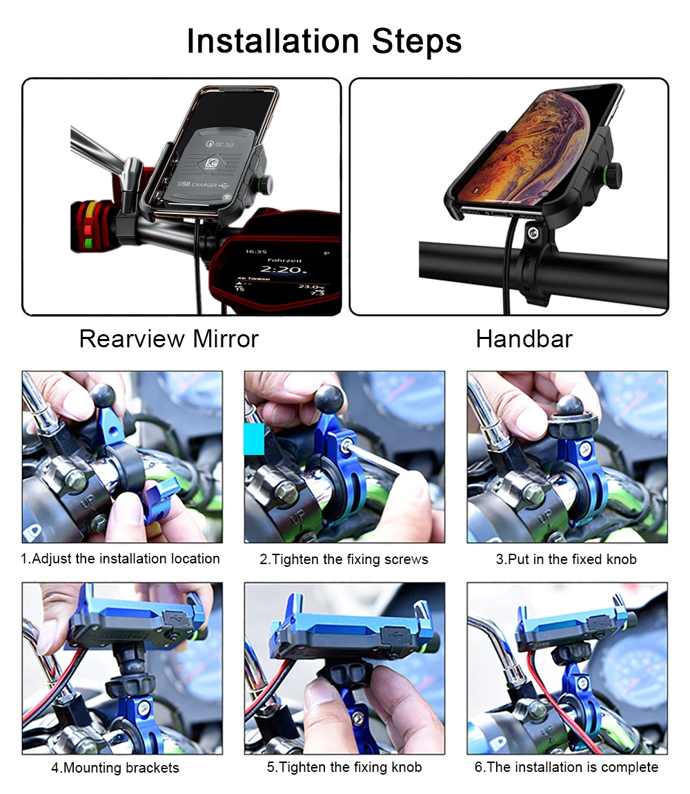 Держатель для телефона мотоцикла Qi Беспроводное зарядное устройство зеркало заднего вида крепление Регулируемый скутер Руль держатель USB QC3.0 Быстрая зарядка