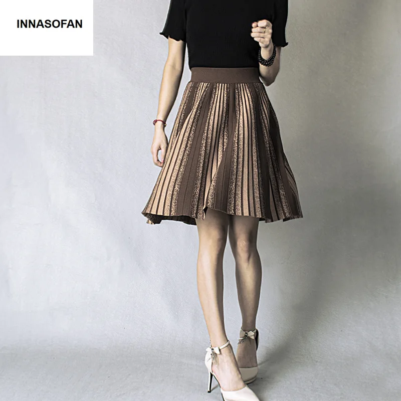 INNASOFAN, мини вязаная юбка для женщин, Осень-зима, плиссированная юбка, высокая талия, модная, высокая, шикарная юбка