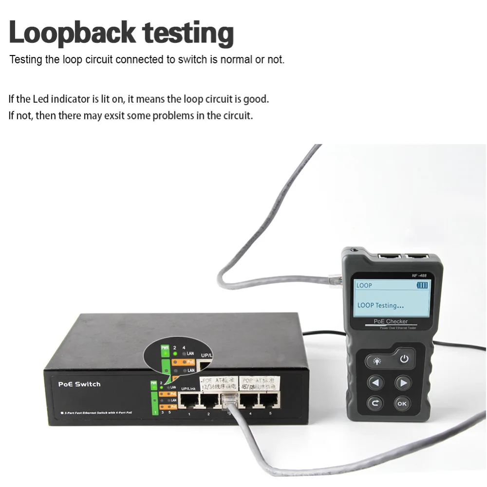 LCD Network Cable Tester Lan Test PoE Checker NF-488 Inline PoE Voltage Current