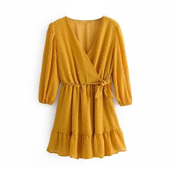 

Women elegant cross V neck bow tied chiffon ruffles Dress 2019 autumn ladies elastic waist kimono Mini Dresses vestido