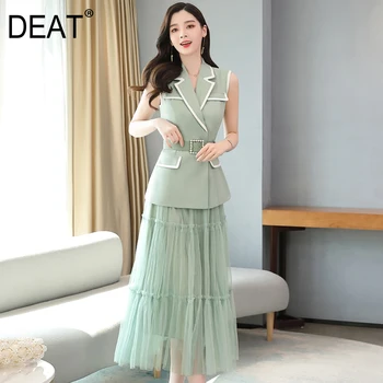 

DEAT 2020 Turn-down Collar Sleeveless Contrast Colors Waist Belt Mesh Patchwork Suit Dress Two Pieces Summer Fashion WM98506XL