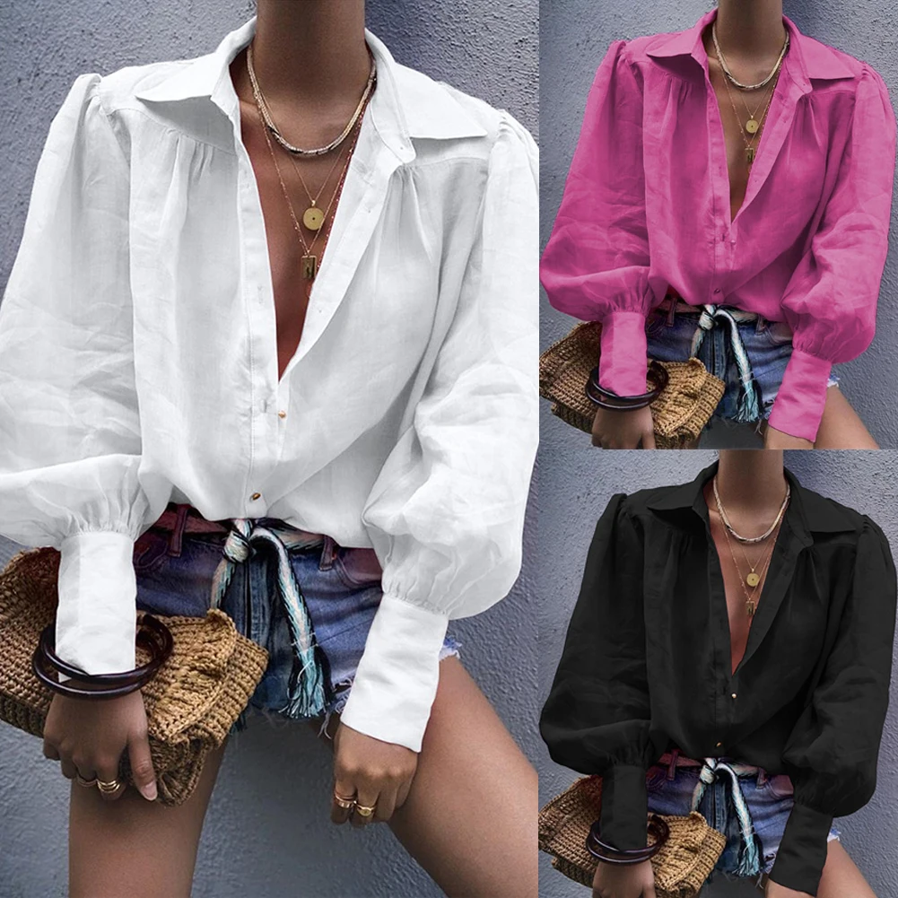 Женская модная шифоновая блузка с длинным рукавом для офиса, рубашка, топ, рубашка с v-образным вырезом и пуговицами, Женский пуловер, топ, новинка размера плюс