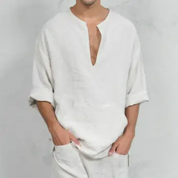 

Fashion Men's Long Sleeve Shirts Loose Casual Linen Button Shirt Tops Tee Men Linen National Style Loose Tops V-neck Clothes