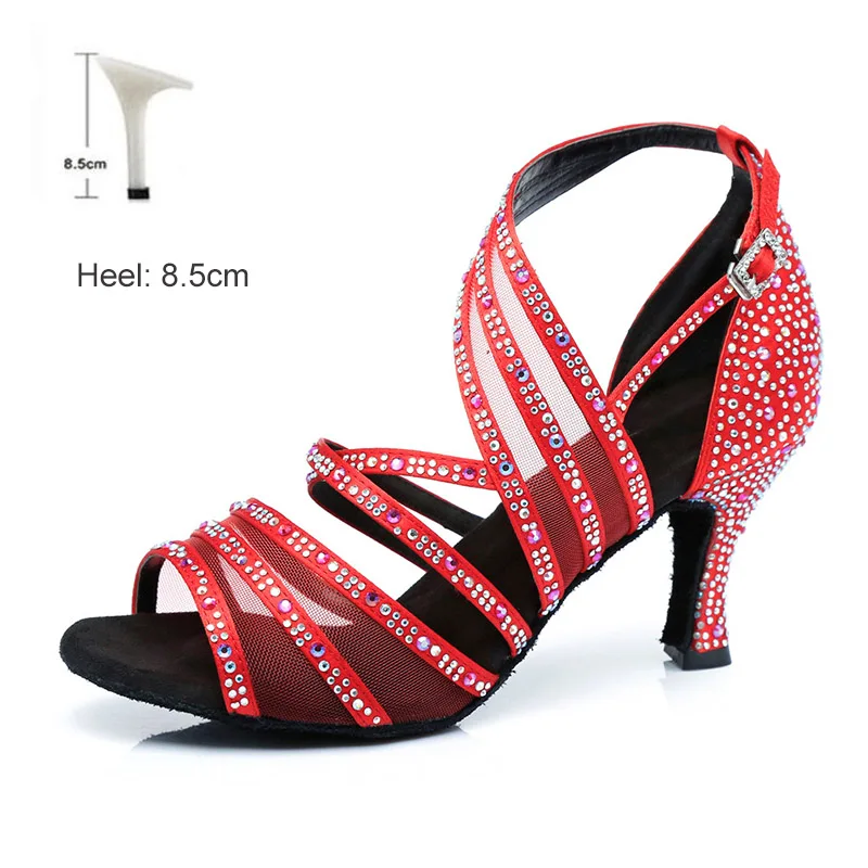 Обувь для бальных танцев; стразы для женщин и девочек; женские туфли для Танго/бальных танцев/латинских танцев на высоком каблуке; обувь для танцев в помещении; - Цвет: Red 8.5cm